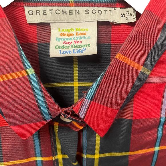Gretchen Scott Duke of York Priss Blouse Ruffle Cuff Button Up Red Plaid Small - Picture 3 of 5